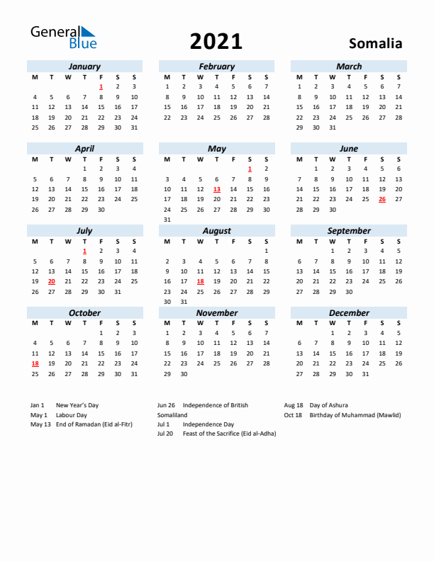 2021 Calendar for Somalia with Holidays