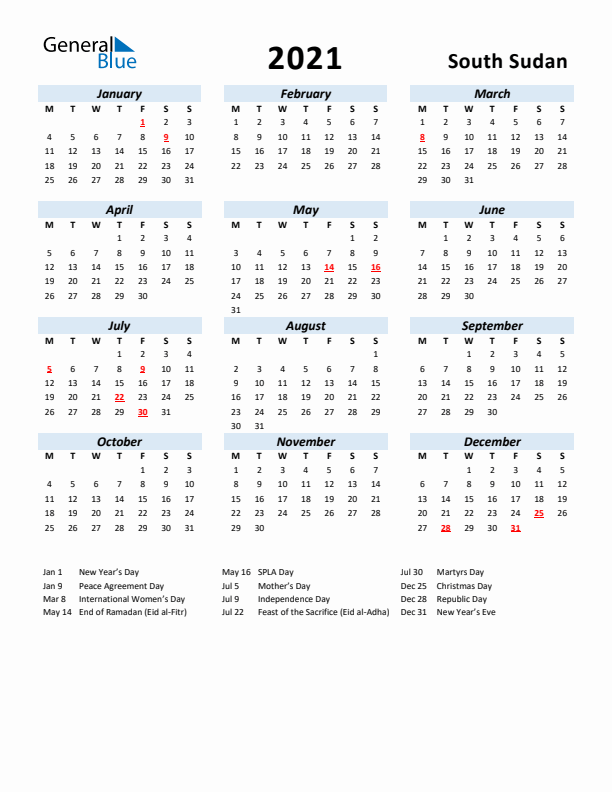 2021 Calendar for South Sudan with Holidays