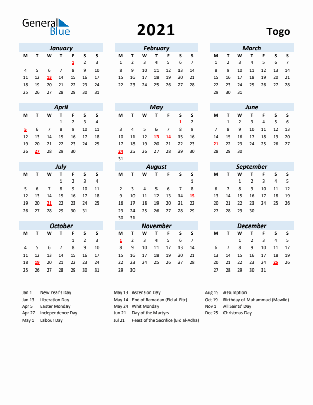 2021 Calendar for Togo with Holidays