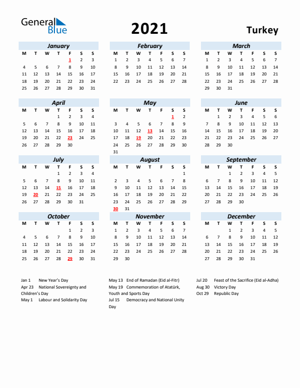 2021 Calendar for Turkey with Holidays