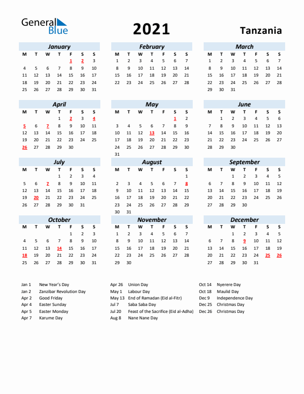 2021 Calendar for Tanzania with Holidays