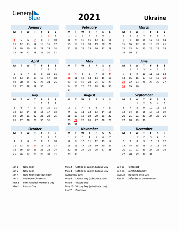 2021 Calendar for Ukraine with Holidays