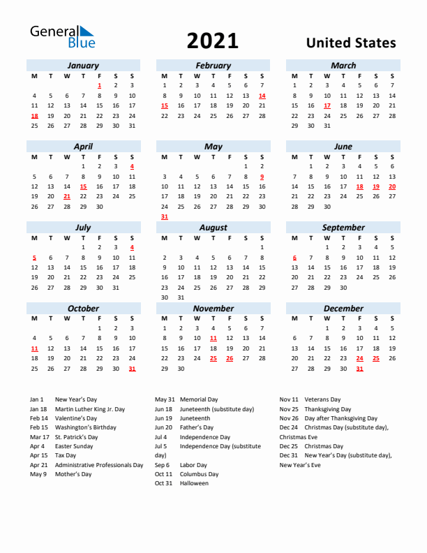 2021 Calendar for United States with Holidays