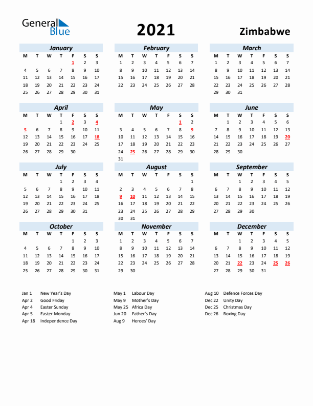 2021 Calendar for Zimbabwe with Holidays