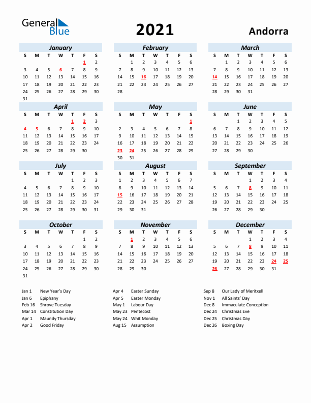 2021 Calendar for Andorra with Holidays