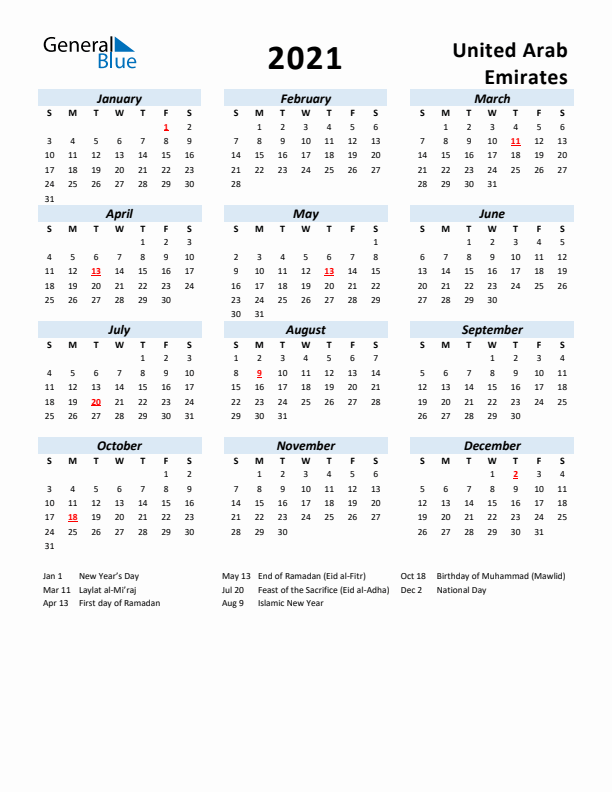 2021 Calendar for United Arab Emirates with Holidays