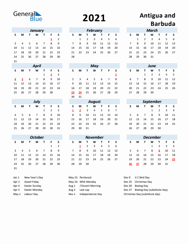 2021 Calendar for Antigua and Barbuda with Holidays