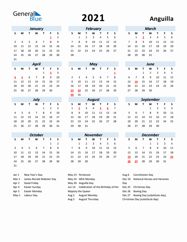 2021 Calendar for Anguilla with Holidays