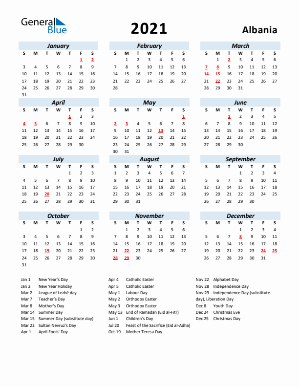 2021 Calendar for Albania with Holidays