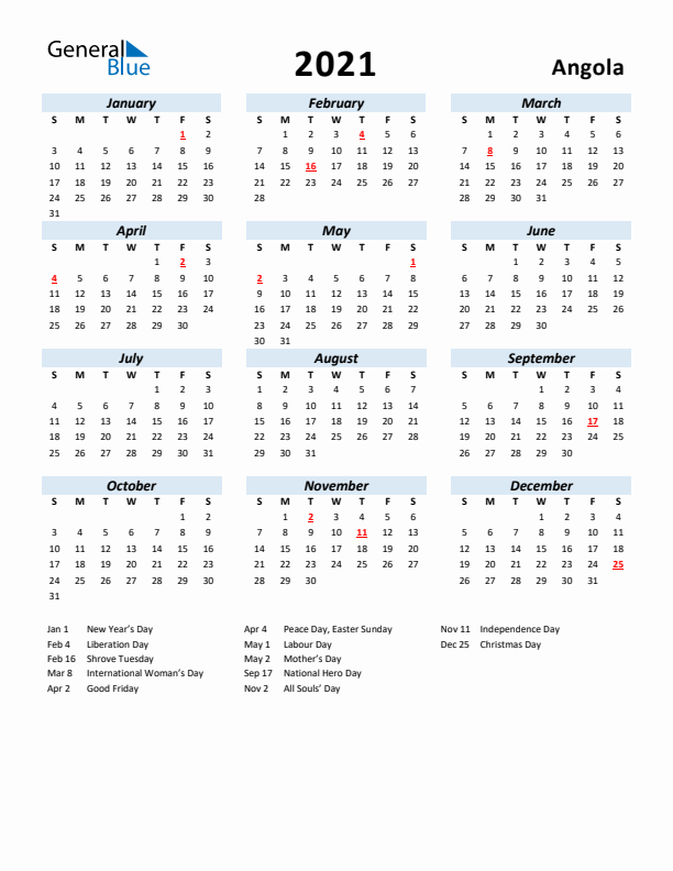 2021 Calendar for Angola with Holidays