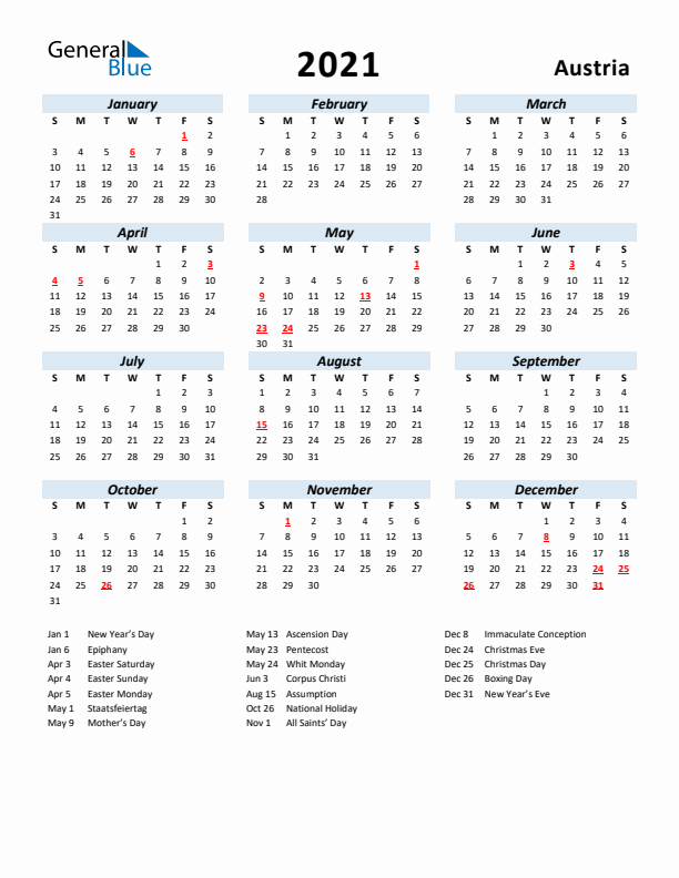 2021 Calendar for Austria with Holidays