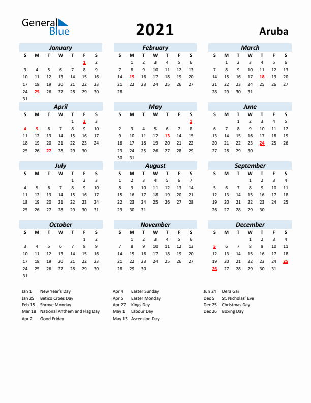 2021 Calendar for Aruba with Holidays