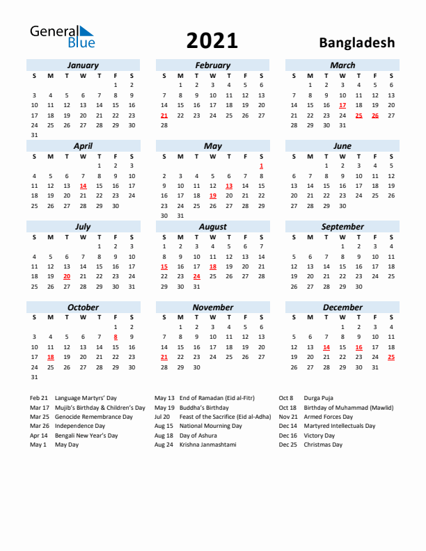 2021 Calendar for Bangladesh with Holidays