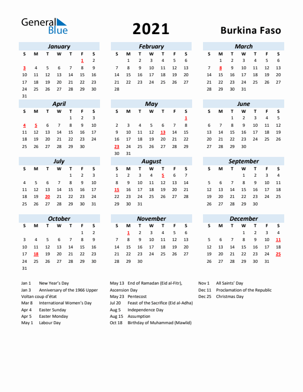 2021 Calendar for Burkina Faso with Holidays