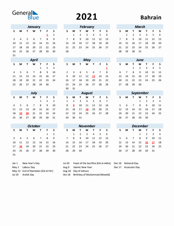 2021 Calendar for Bahrain with Holidays