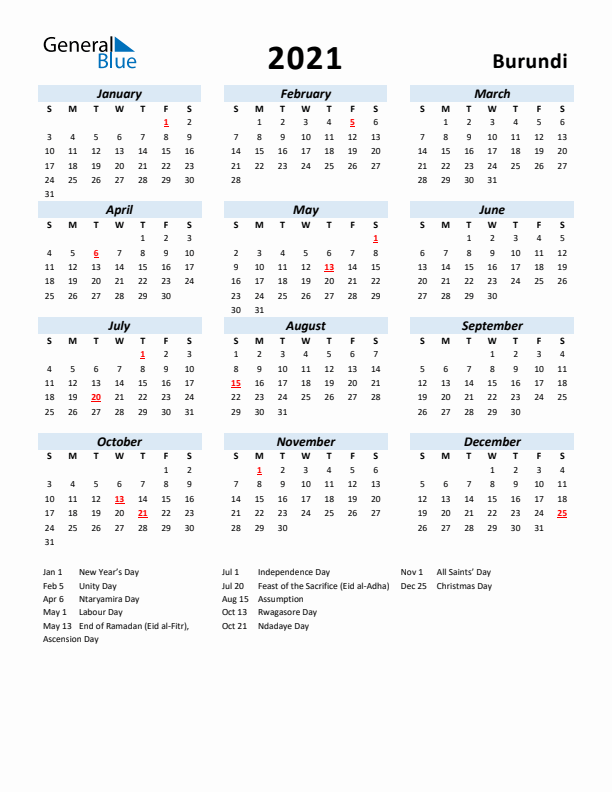 2021 Calendar for Burundi with Holidays