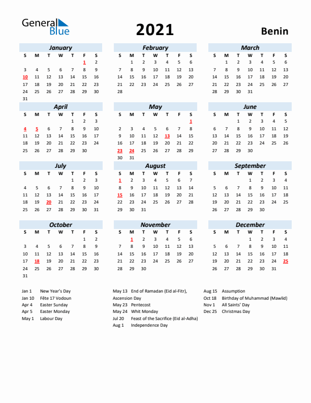 2021 Calendar for Benin with Holidays