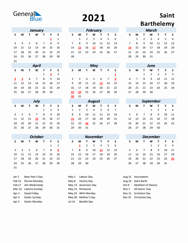 2021 Calendar for Saint Barthelemy with Holidays