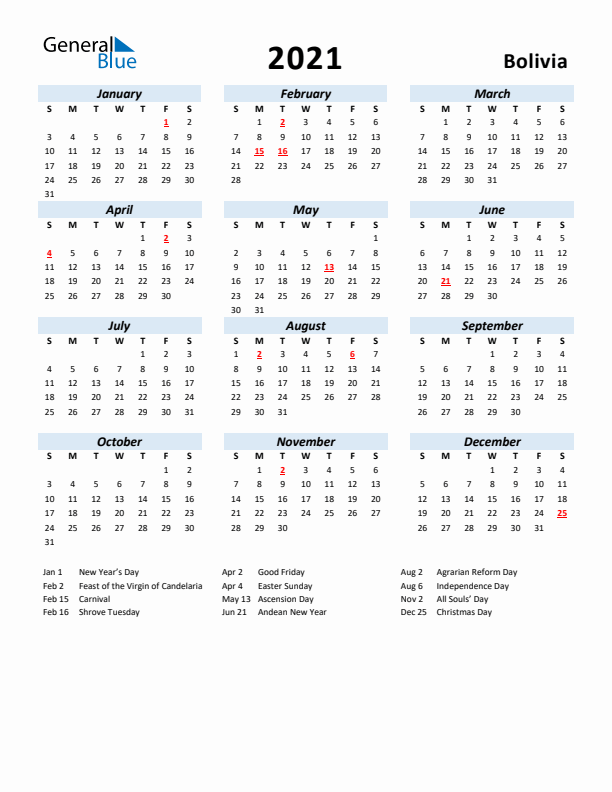 2021 Calendar for Bolivia with Holidays