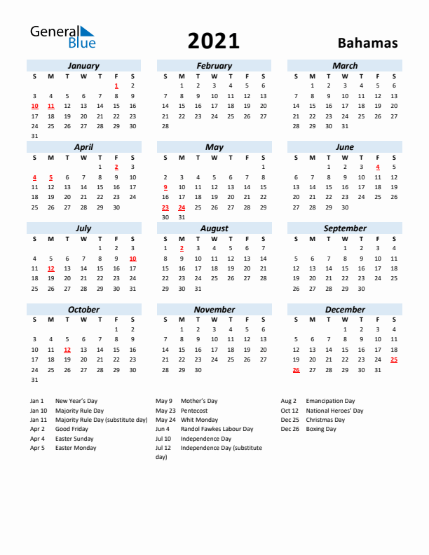 2021 Calendar for Bahamas with Holidays