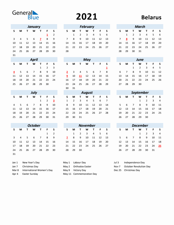 2021 Calendar for Belarus with Holidays