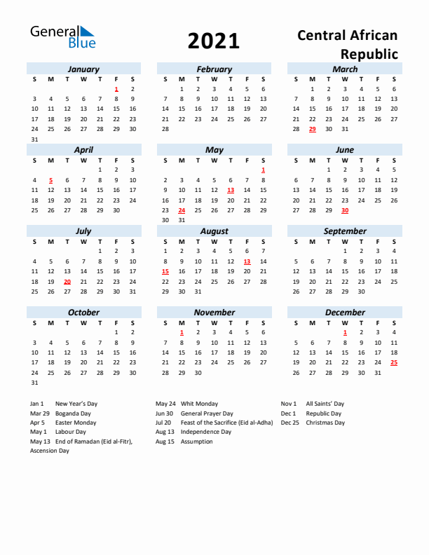 2021 Calendar for Central African Republic with Holidays