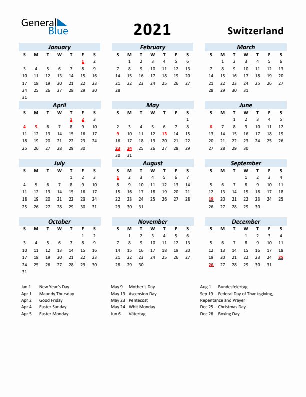 2021 Calendar for Switzerland with Holidays
