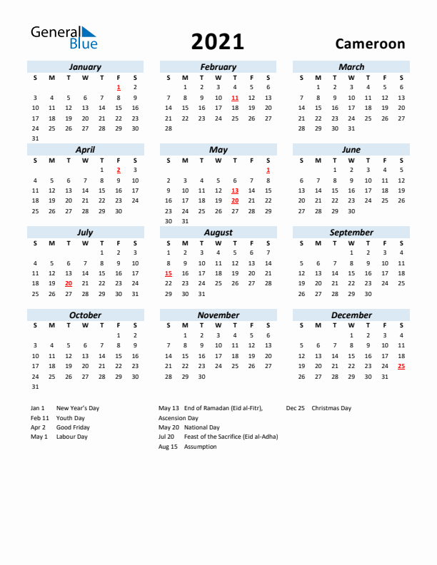 2021 Calendar for Cameroon with Holidays
