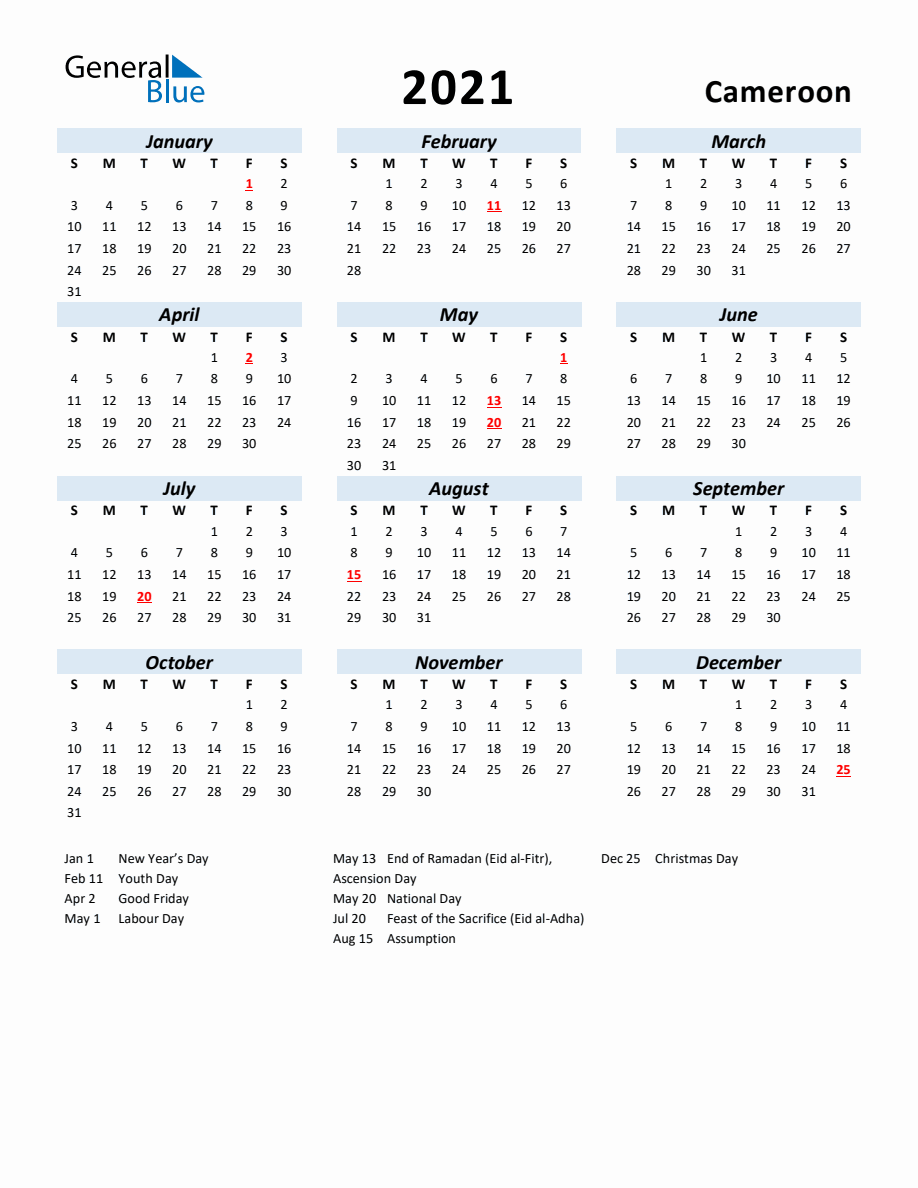2021 Yearly Calendar For Cameroon With Holidays