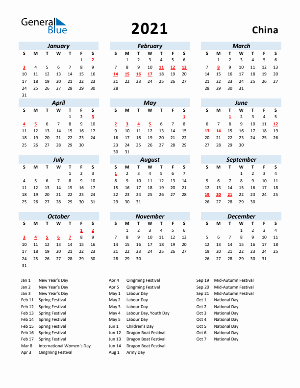 2021 Calendar for China with Holidays