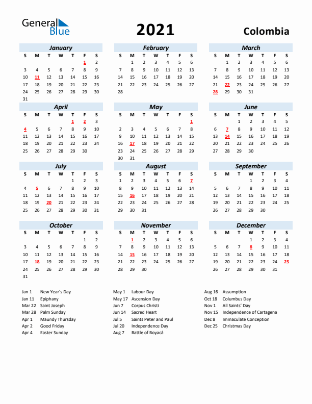 2021 Calendar for Colombia with Holidays