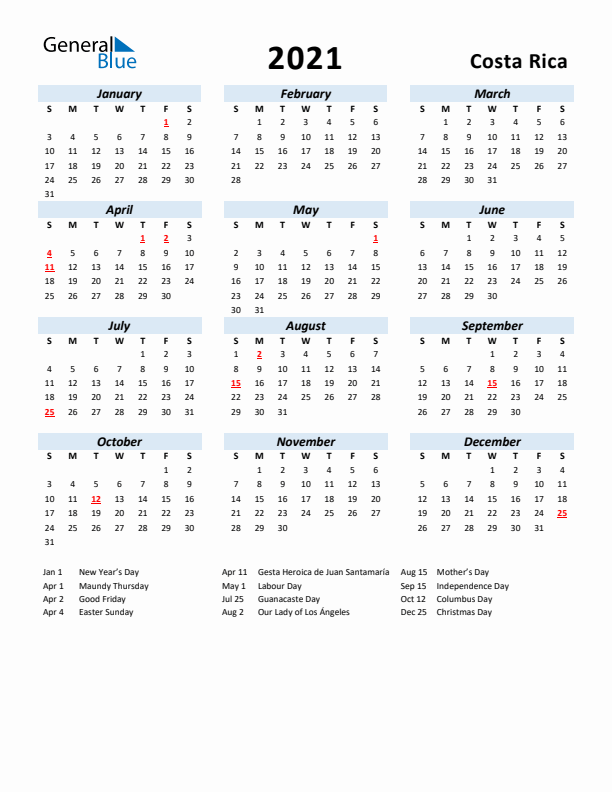 2021 Calendar for Costa Rica with Holidays