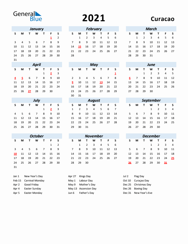 2021 Calendar for Curacao with Holidays