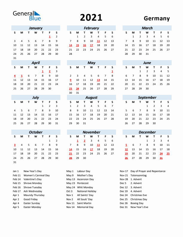 2021 Calendar for Germany with Holidays