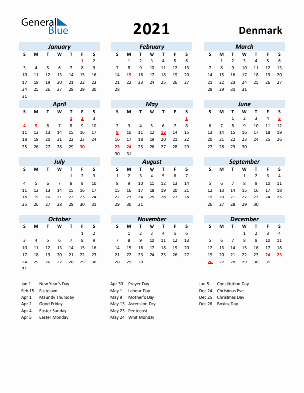 2021 Calendar for Denmark with Holidays
