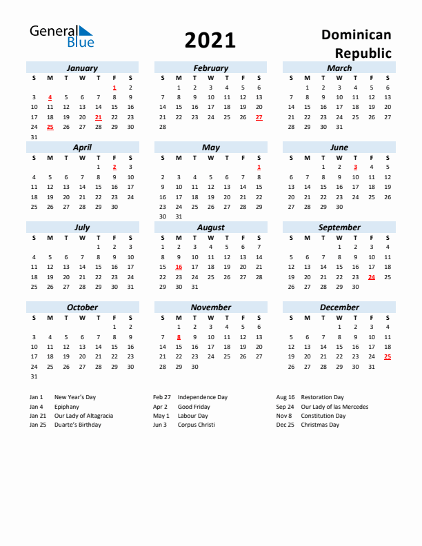 2021 Calendar for Dominican Republic with Holidays