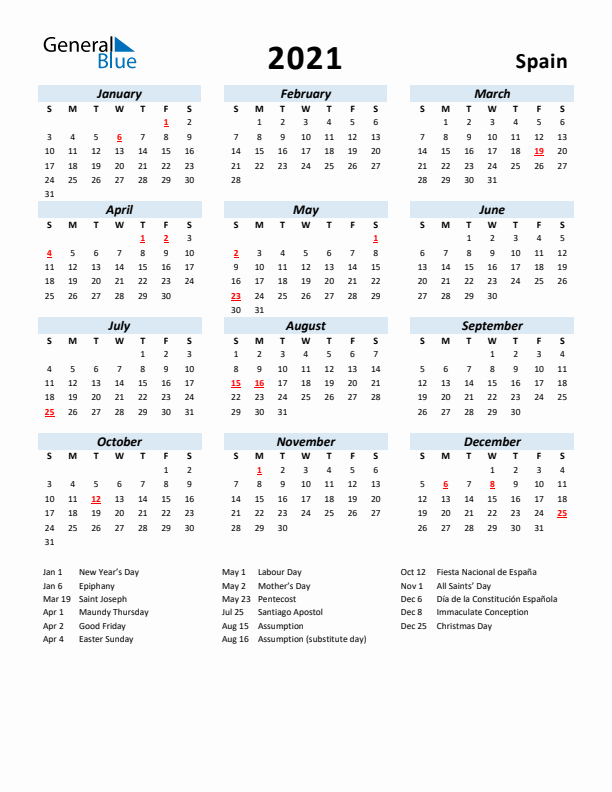 2021 Calendar for Spain with Holidays