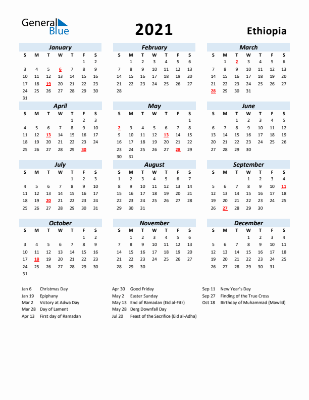 2021 Calendar for Ethiopia with Holidays