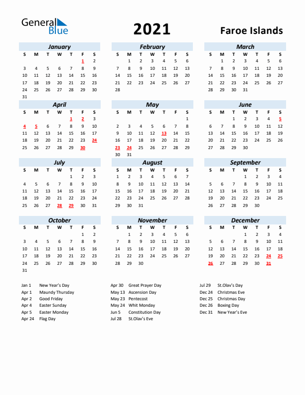 2021 Calendar for Faroe Islands with Holidays