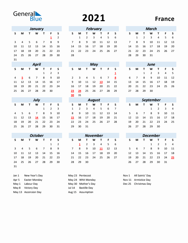 2021 Calendar for France with Holidays