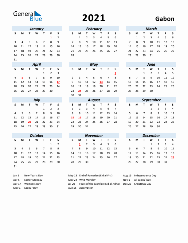 2021 Calendar for Gabon with Holidays
