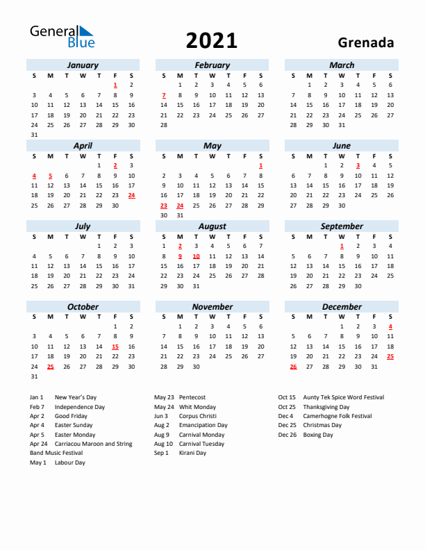 2021 Calendar for Grenada with Holidays