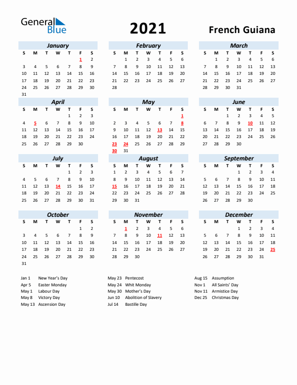 2021 Calendar for French Guiana with Holidays