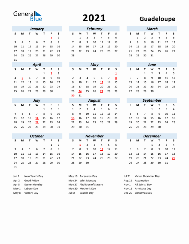 2021 Calendar for Guadeloupe with Holidays