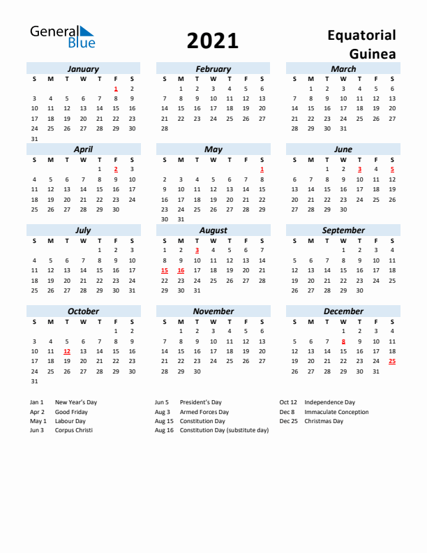 2021 Calendar for Equatorial Guinea with Holidays
