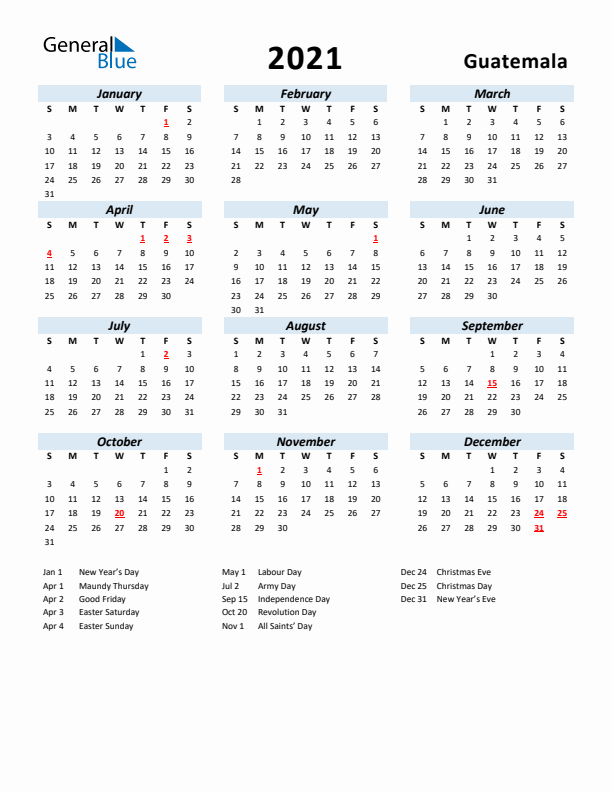 2021 Calendar for Guatemala with Holidays