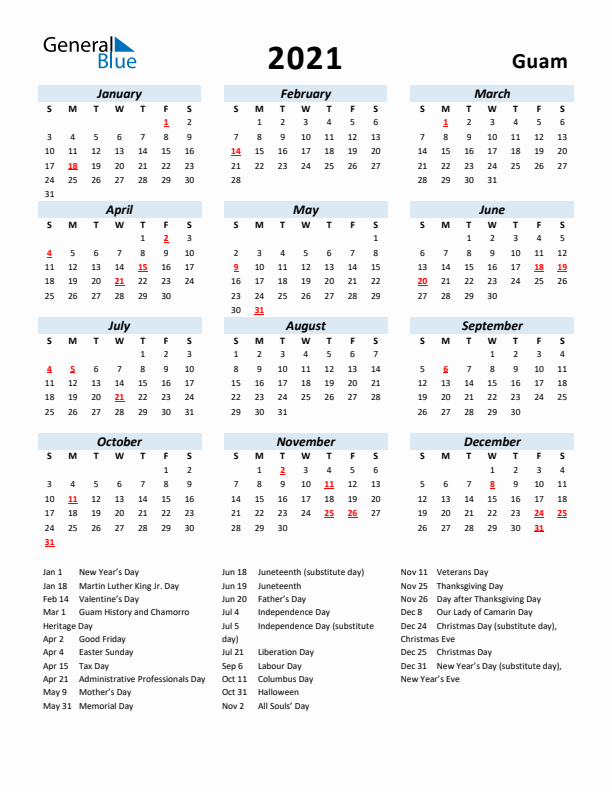 2021 Calendar for Guam with Holidays
