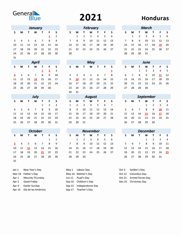 2021 Calendar for Honduras with Holidays