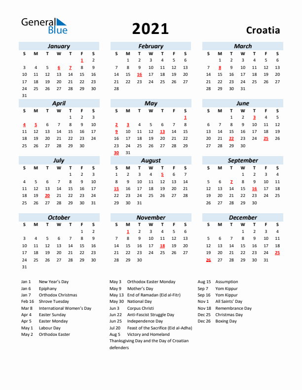 2021 Calendar for Croatia with Holidays
