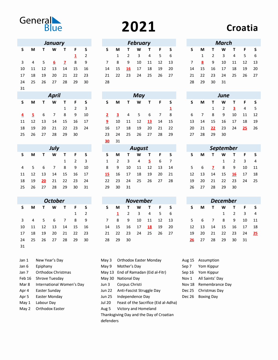 2021 Yearly Calendar for Croatia with Holidays